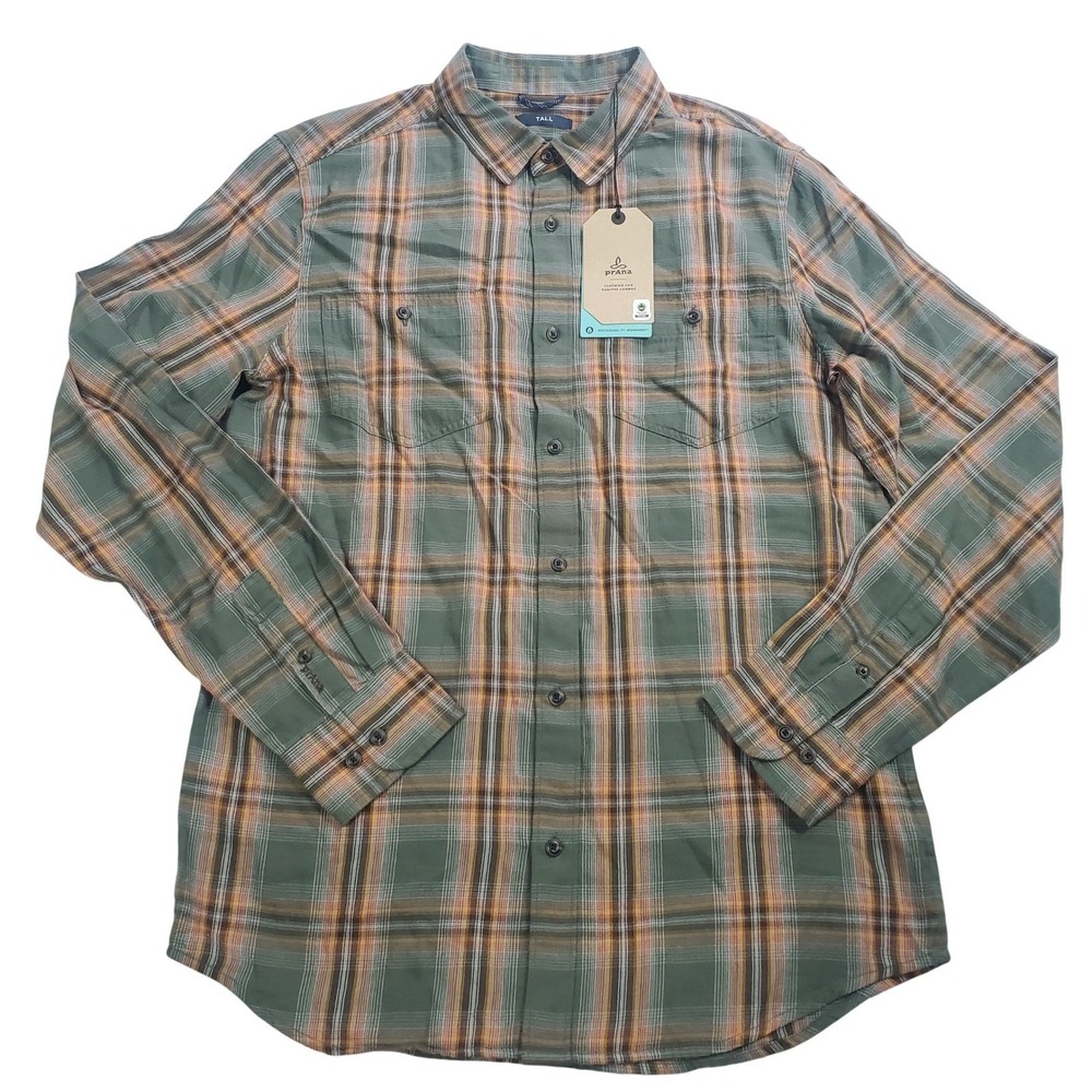 Prana Dolberg Flannel Shirt Mens Small Tall Kale Green Plaid Organic Cotton New - Picture 2 of 11